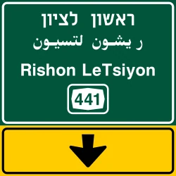תמרור 607 – הכוונה ליציאה בלבד: במחלף שלפניך. מעל לנתיב בהכוונה לדרך מהירה – באותיות לבנות על רקע כחול, בהכוונה לדרכים אחרות – באותיות לבנות על רקע ירוק